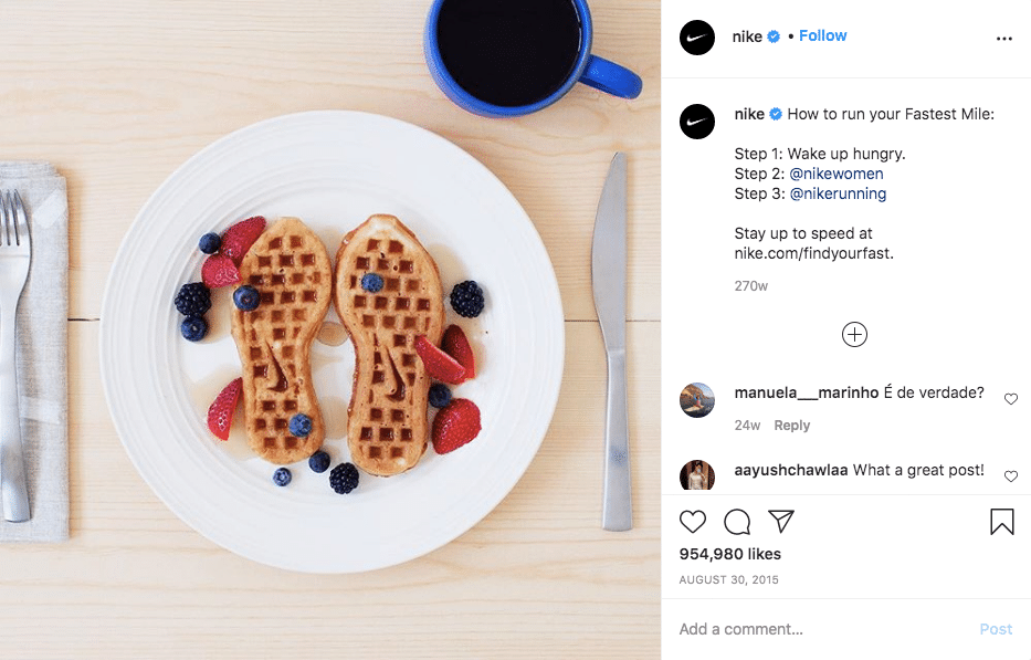 Nike Shoes-shaped waffles with berries and syrup on a plate for their Instagram branding design