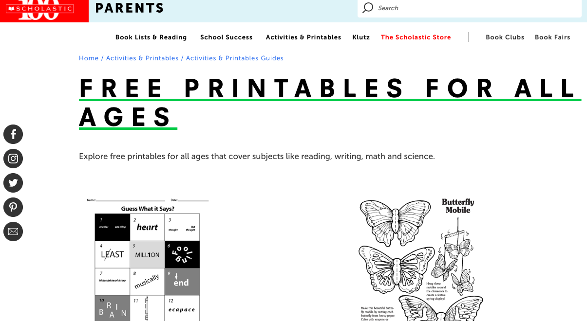 scholastic marketing to kids using printables