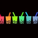 A graphic art of 6 cups of bubble tea drinks in colors of the rainbow